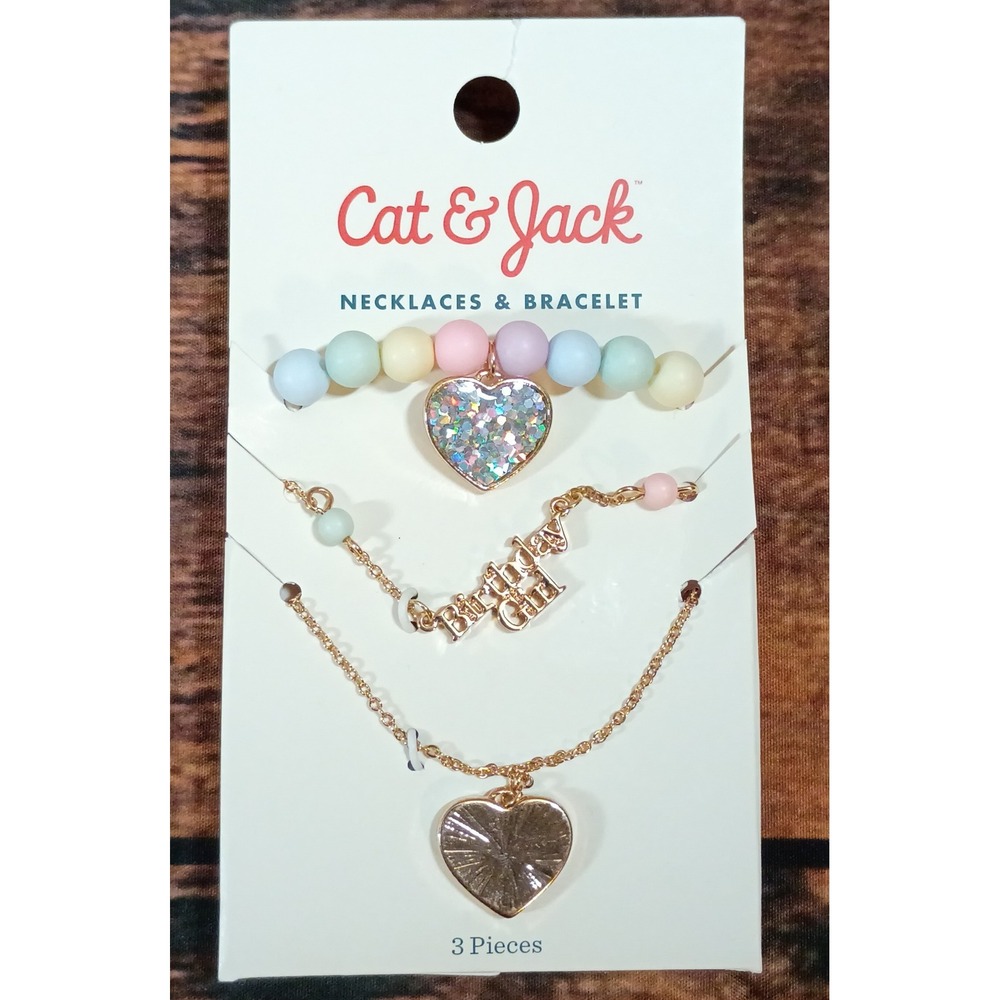 Cat & Jack Girls 3pc Birthday‎ Girl Jewelry Set Heart Necklaces Bracelet Pastel